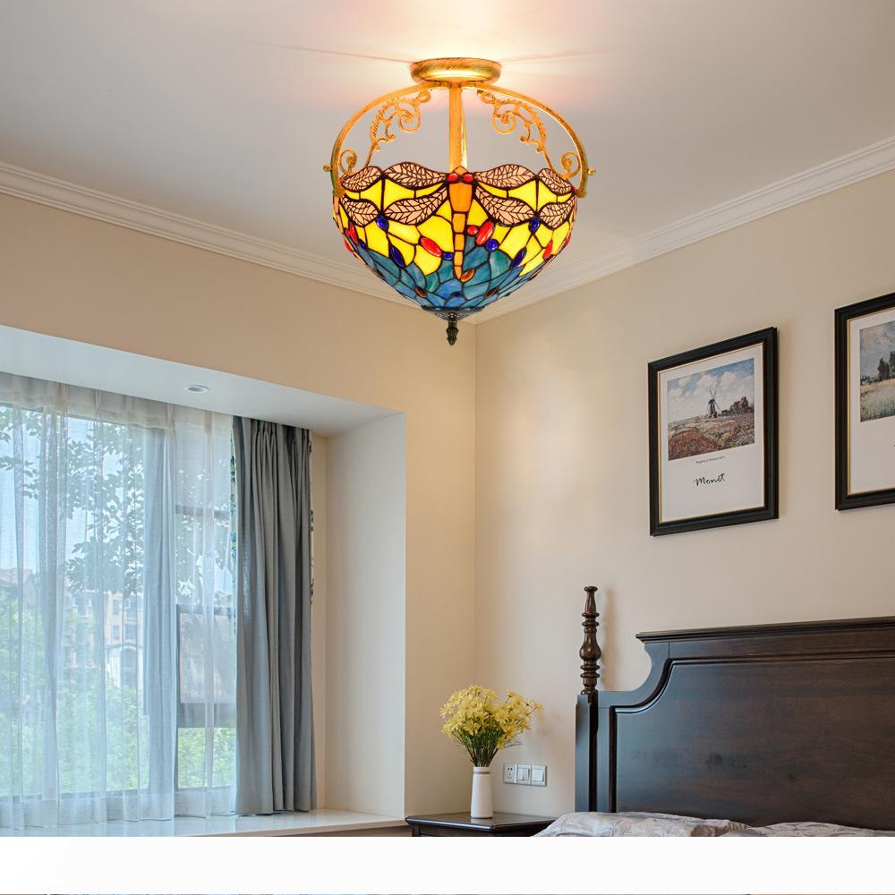 Retro-style dragonfly stained glass lamp with E27 base, ideal for living rooms, bedrooms, and hallways, featuring semi-flush Tiffany ceiling design