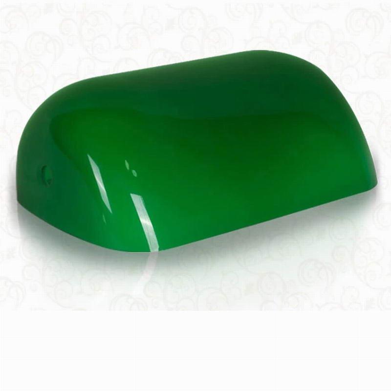 Retro-style green, white, blue, and amber glass banker lamp shades measuring 227mm in length