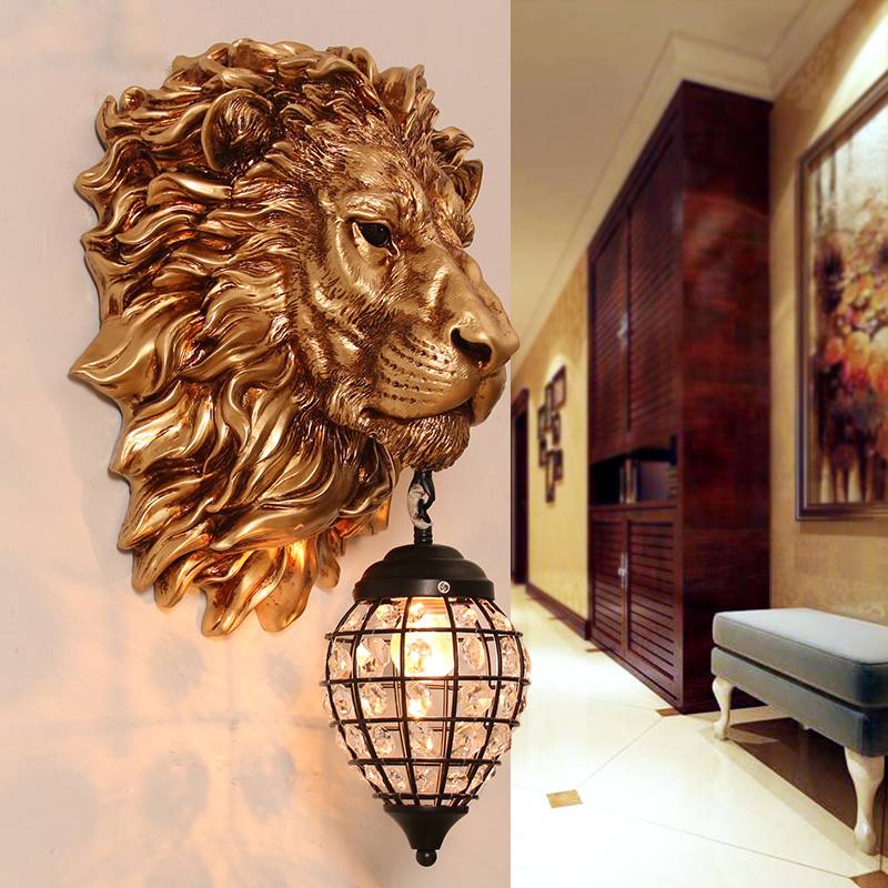 Retro-style lion head LED wall lamps for indoor European living rooms, bedrooms, hallways, and staircase lighting with bar background decor