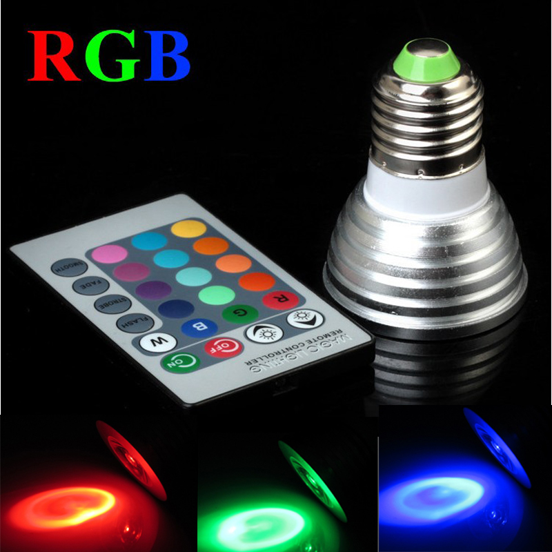 RGB 5W dimmable LED spotlights with remote control in E27, GU10, GU5.3, MR16 bases, offering colorful ambiance lighting and CE RoHS certification