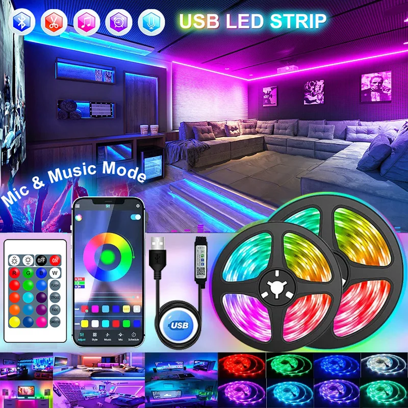 RGB Bluetooth-controlled 30M USB LED strip lights with 5050 diodes for flexible room decoration