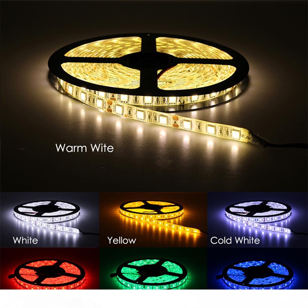 RGB LED strip in 5m, 10m, or 15m lengths with waterproof neon lighting featuring 2835 or 5050 LEDs, 30 LEDs per meter, flexible ribbon tape, DC12V power, and controller adapter set