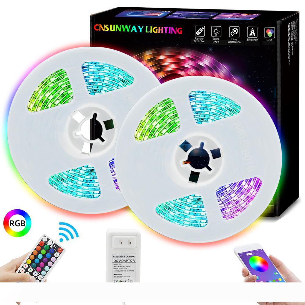 RGB LED strip light with flexible 5050 tape, available in 5M or 10M lengths, featuring Bluetooth and RF control, powered by 12V DC adapter