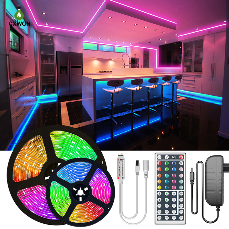 RGB LED strip lights in 16.4ft to 65ft lengths with 12V adapter and IR remote