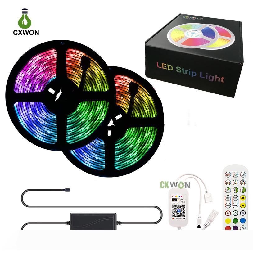 RGB LED strip lights with 30 LEDs per meter, waterproof, available in 5M and 10M lengths, featuring WiFi, Bluetooth, music sync, 24-key remote control, and included adapter