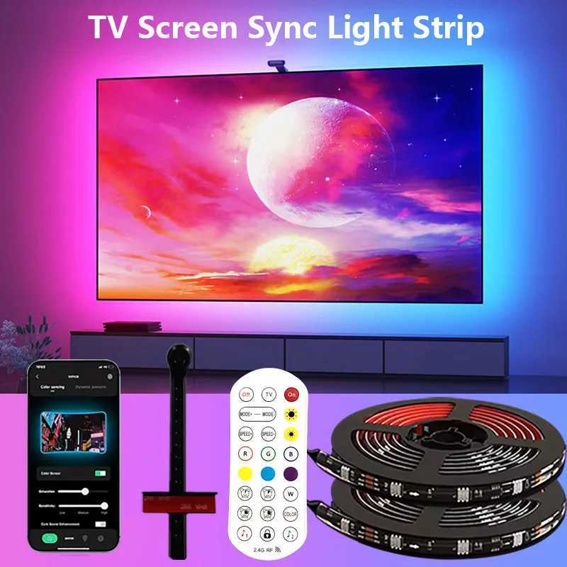 RGBIC LED TV backlight strip featuring color sensor, music sync, and app control for 55-75 inch gaming room ambiance lighting