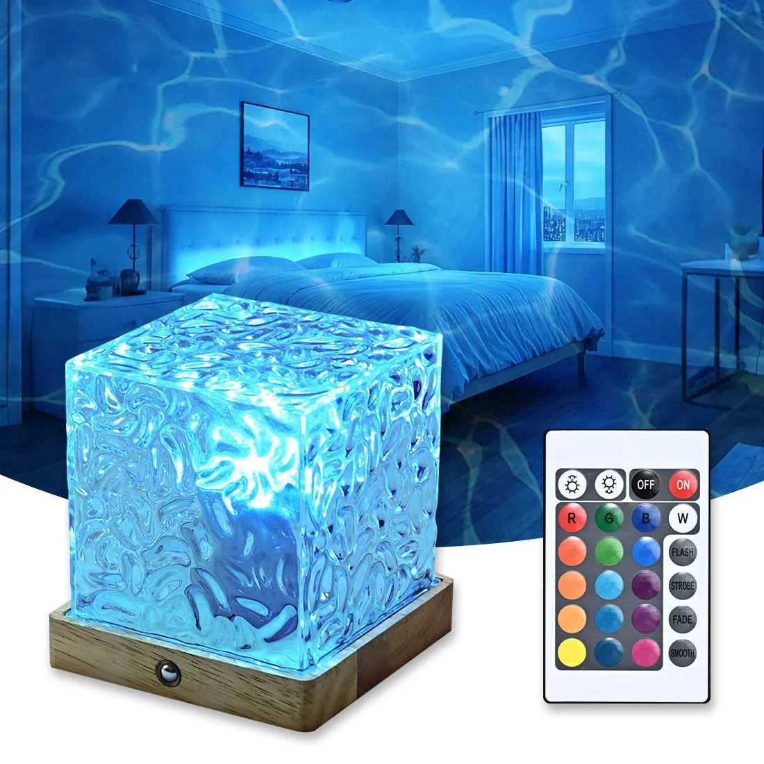 Rotating USB night lamp with 16-color ocean wave effect and remote control for bedroom decor