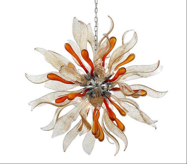 Round blown glass chandelier lamps in vibrant colors, Murano-style art lighting for elegant ceiling decor in homes and offices