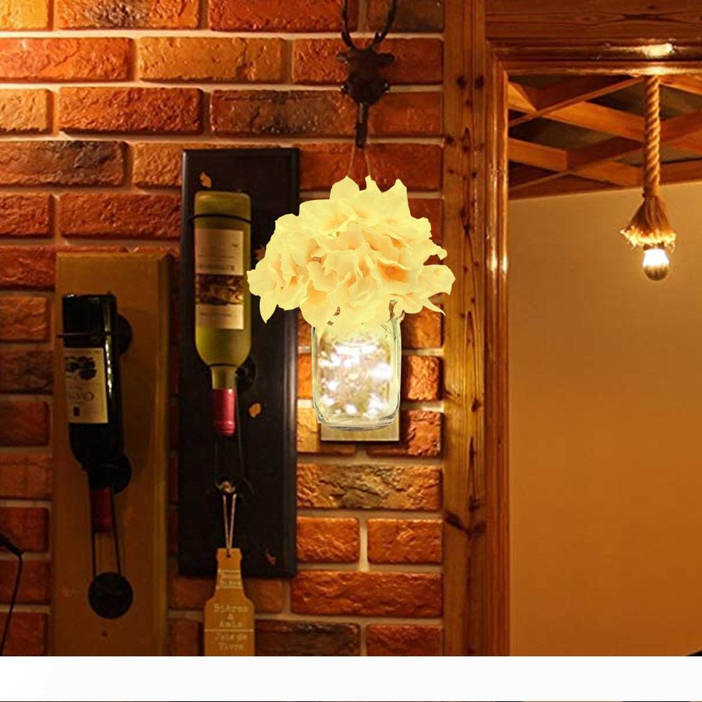 Rural farmhouse wall-mounted night lamp with wooden board, LED lantern, simulated garden light, and vase decor