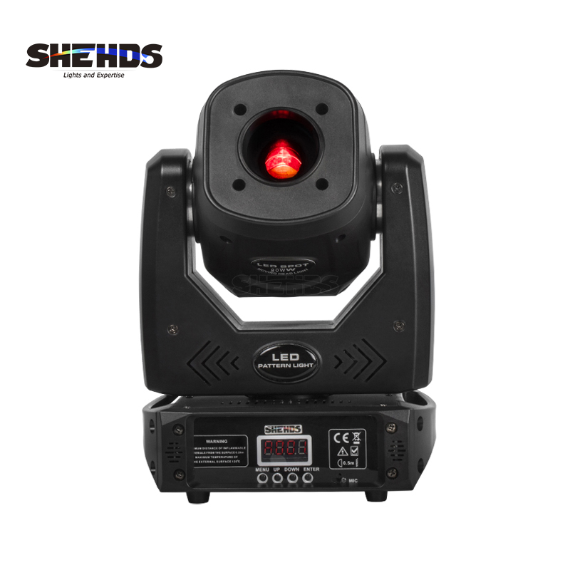 SHEHDS LED 80W 3-face prism moving head light features 7 patterns, electronic focus, and DMX control for dynamic stage and disco effects