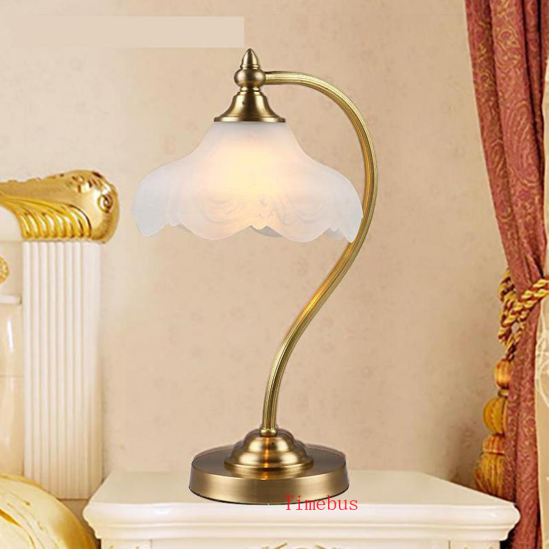 Simple American rural-style copper desk lamp with LED glass shade for study or office, ideal for girls' rooms
