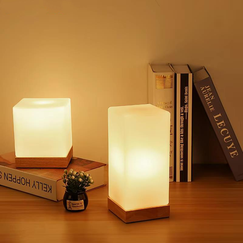 Simple wooden table lamp with glass shade for bedroom, living room, or kids' study desk lighting