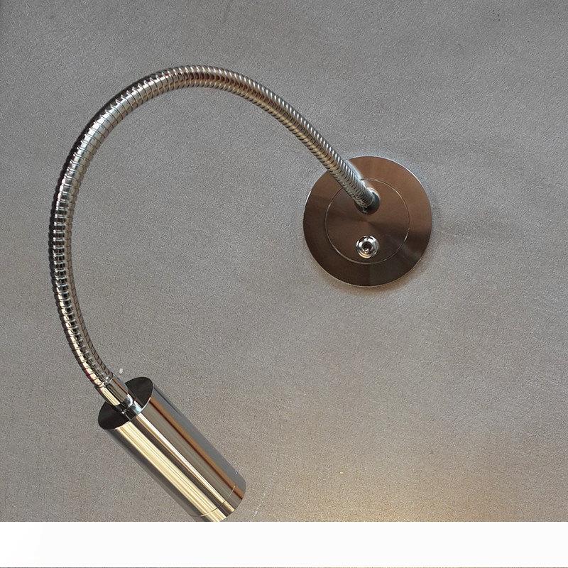 Slim recessed reading light with flexible arm, 3W LED, chrome finish, on/off switch for hotels, homes, cars, and yachts