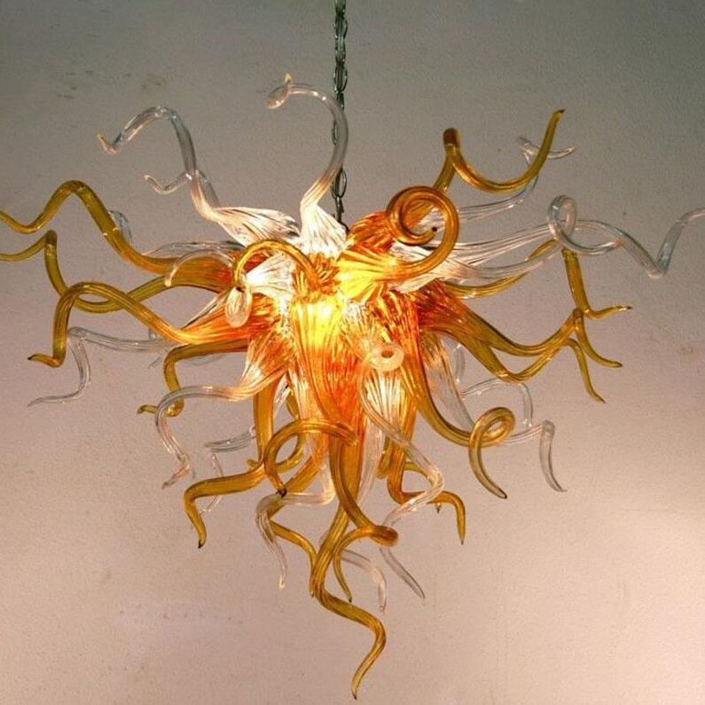 Small handmade chandelier with blown glass lamps and LED lighting for elegant living room decor