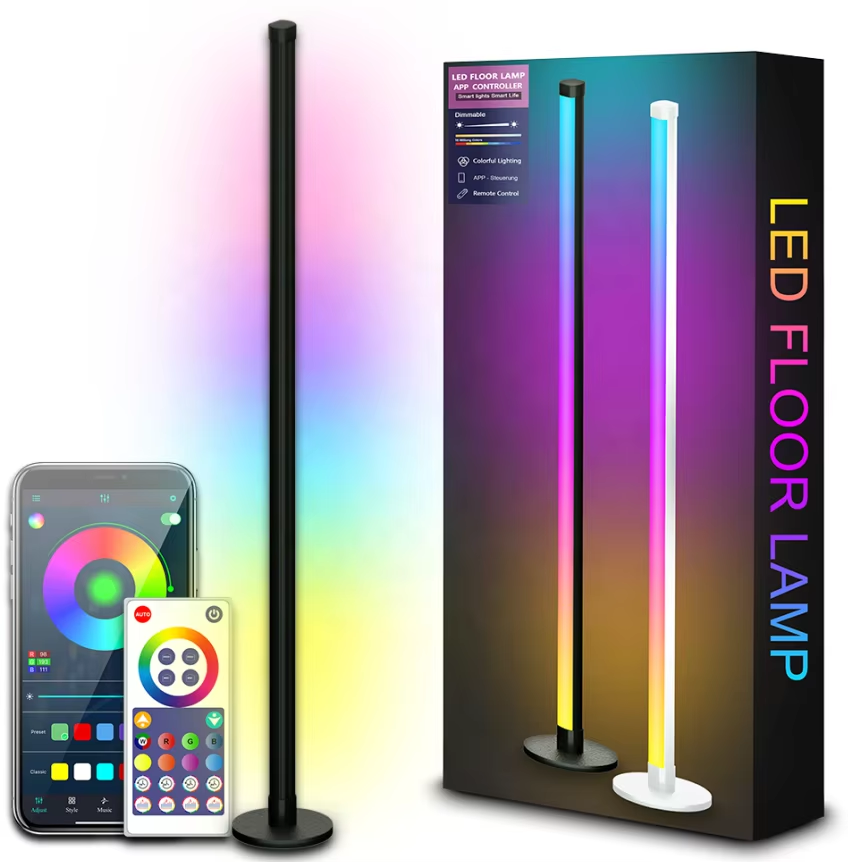 Smart app-controlled floor lamp with adjustable RGB lighting for home ambiance