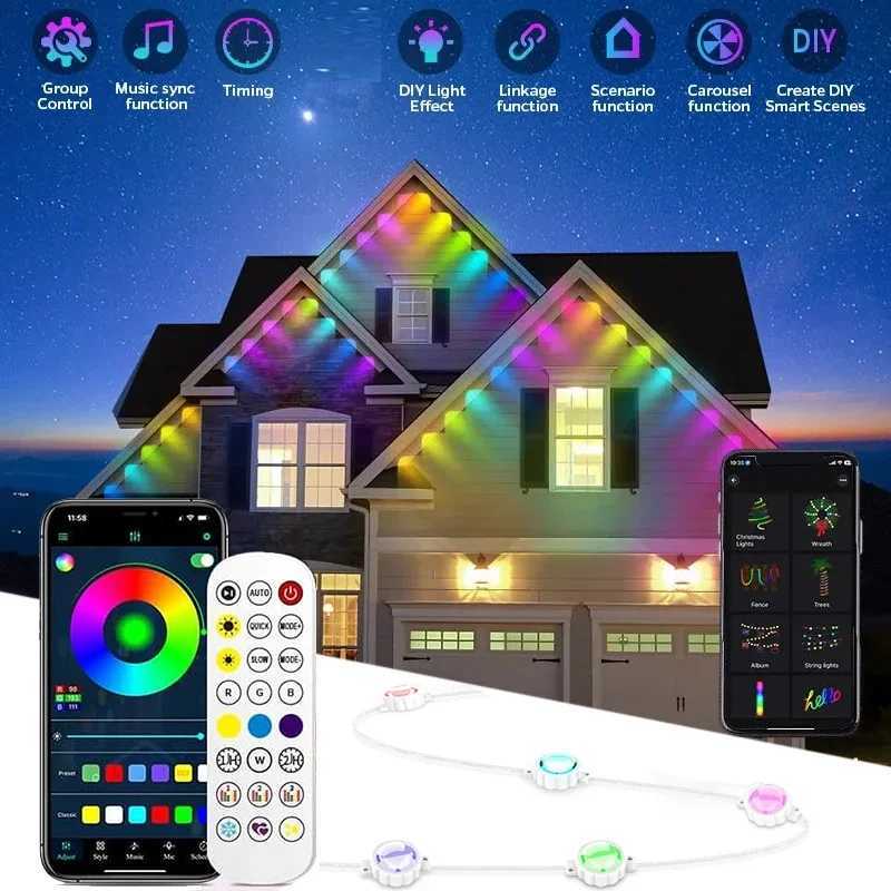 Smart Eaves Light: Permanent outdoor LED lighting with IP67 waterproof rating, remote app control, DIY music sync, and timer function for holiday home illumination