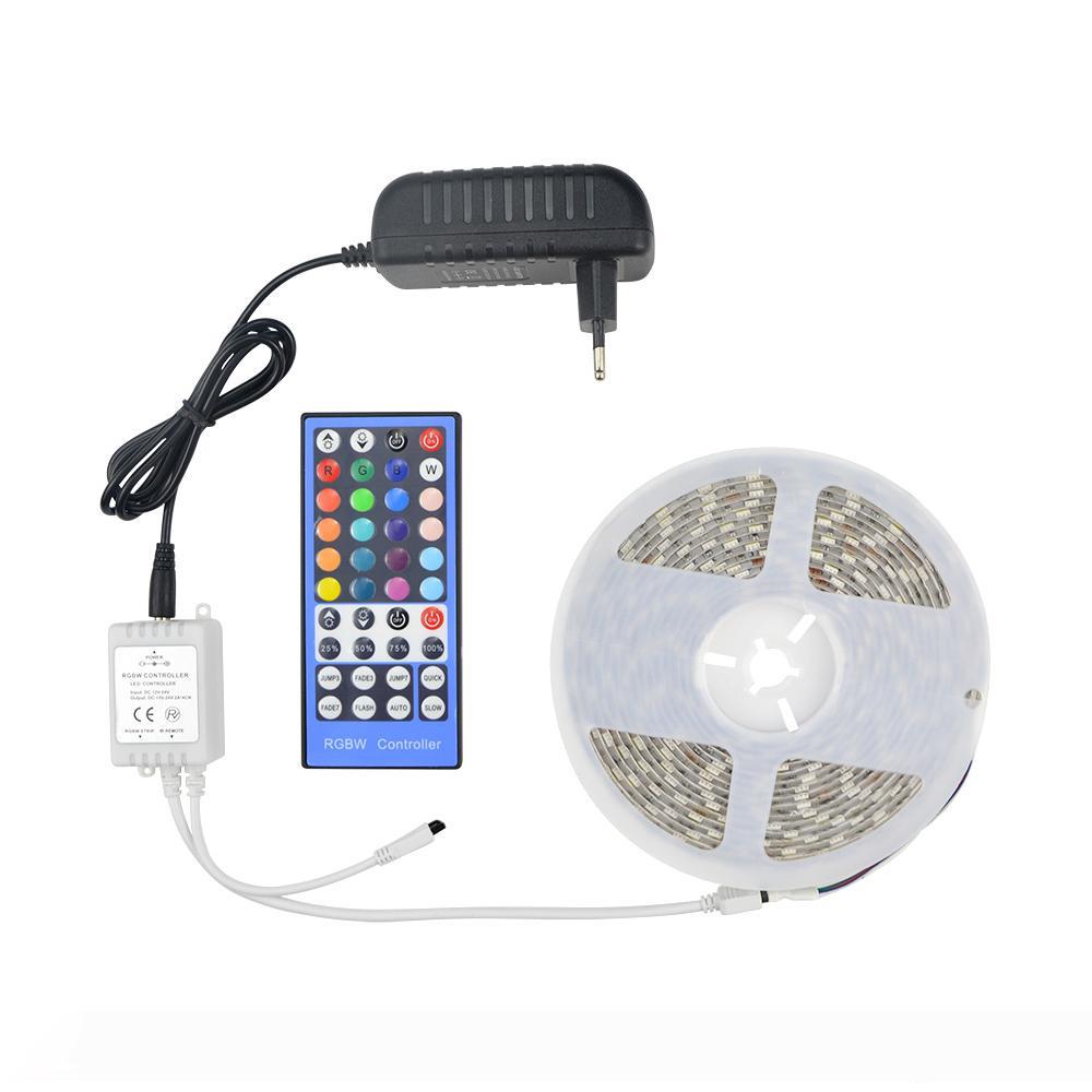 SMD 5050 RGBW 5M LED strip with warm white light, 12V DC, flexible ribbon lamp featuring 60 LEDs per meter, includes 40-key controller and 3A power adapter