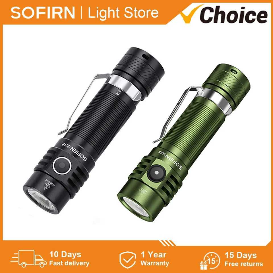 Sofirn SC18 1800lm compact flashlight with USB-C charging, SST40 LED, TIR lens, power indicator, and 18650 battery