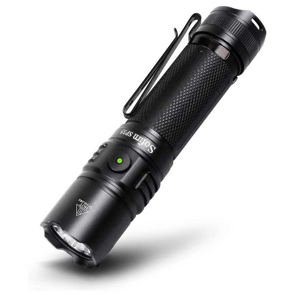 Sofirn SP35 flashlight features USB-C charging, 2A current, SST40 LED, 2200 lumens, 21700 battery, power indicator, and includes two units with ATR Z250325 update