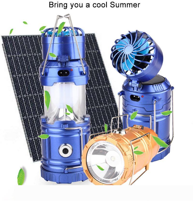 Solar-powered camping light with multi-function LED, rechargeable outdoor fan, and portable emergency tent lamp flashlight