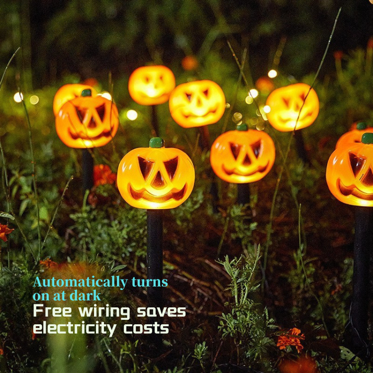 Solar-powered lawn decorations featuring unique pumpkin and skull designs, perfect for autumn illumination