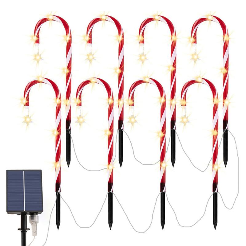 Solar-powered LED Christmas lights for outdoor decoration, featuring candy cane and star designs, ideal for weddings, parties, and yard landscaping