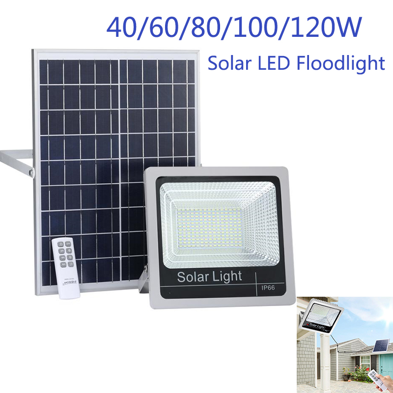 Solar-powered LED flood lights for outdoor street and wall mounting, available in 40W to 120W with remote control, suitable for yards, gardens, and gutters