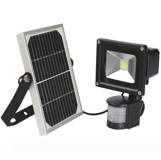 Solar-powered LED floodlights with motion sensor for outdoor security, available in 10W to 50W cool white options