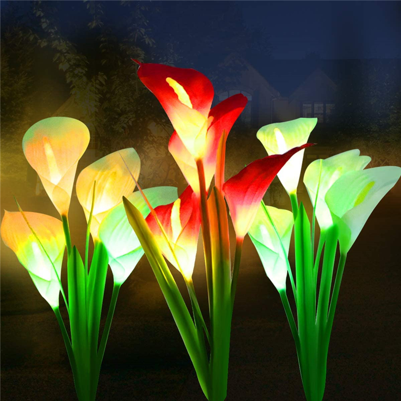 Solar-powered LED garden lights with color-changing lotus flower design for outdoor spaces