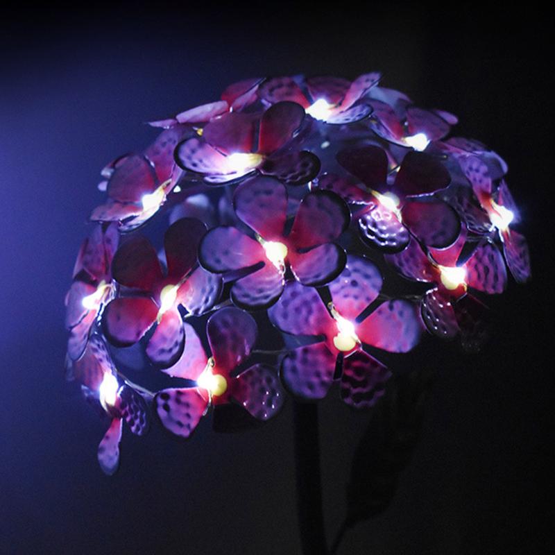 Solar-powered LED lawn lamps with flickering hydrangea design for outdoor garden and patio decoration
