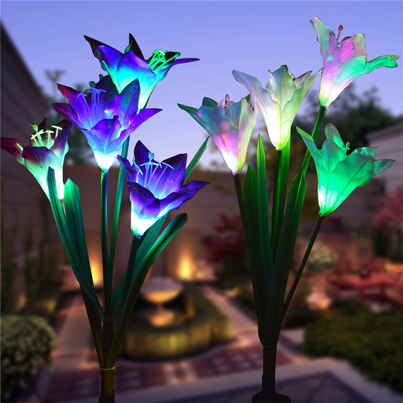 Solar-powered LED lily flower lights with multi-color changing effects, ideal for garden and patio decoration, featuring IP55 waterproof rating