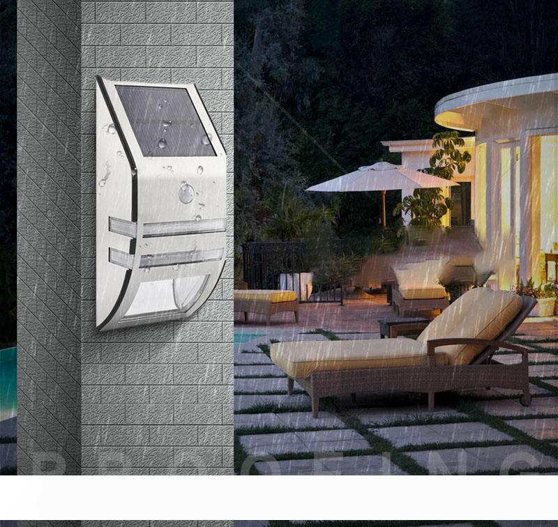 Solar-powered LED sensor lamp with waterproof stainless steel, 2 LEDs, 120 lumens, PIR motion detection for outdoor garden, yard, wall, pathway, stair, and fence lighting