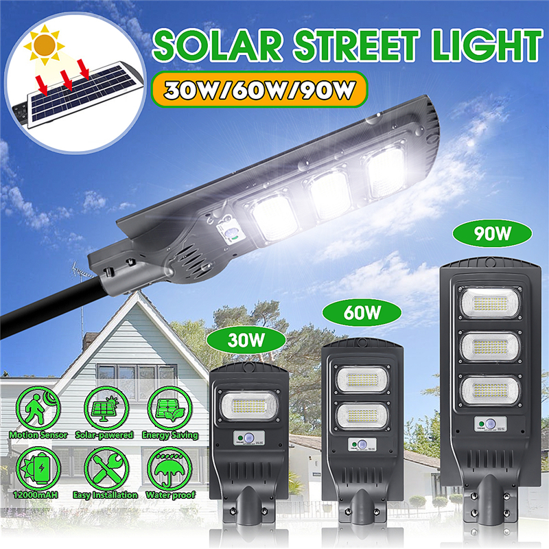 Solar-powered LED street lamps with PIR motion sensors, waterproof design, and remote control for gardens, squares, and patios