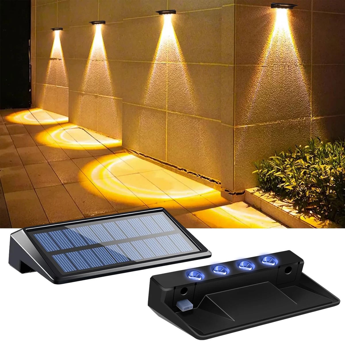 Solar-powered outdoor fence lights with waterproof RGB and warm white LED options for steps and walls, IP65 rated