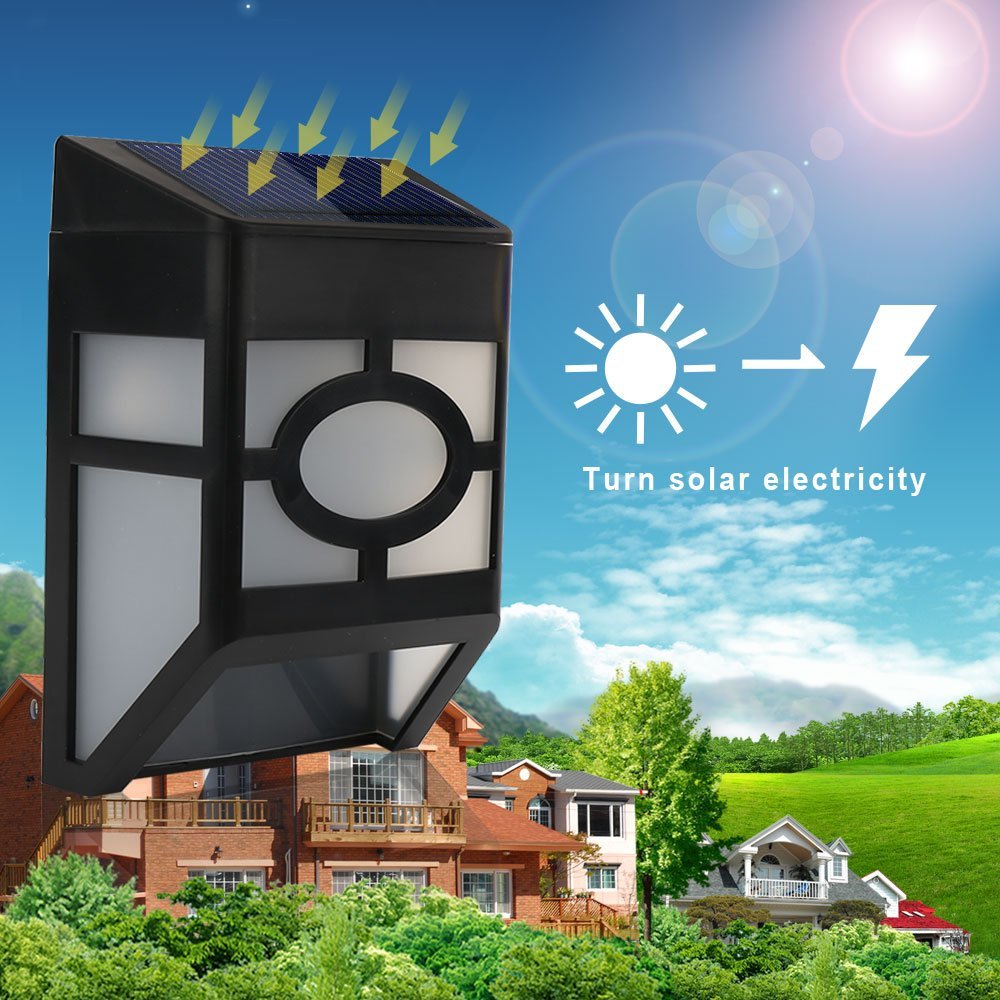 Solar-powered outdoor wall lights with waterproof design, offering warm and cool white color options for deck, fence, patio, and driveway illumination