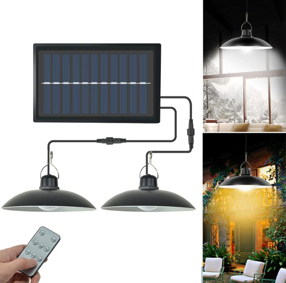Solar-powered pendant lamp for indoor and outdoor use with waterproof remote control, ideal for gardens, camping, homes, and patios as a chandelier or LED light in single or double head options