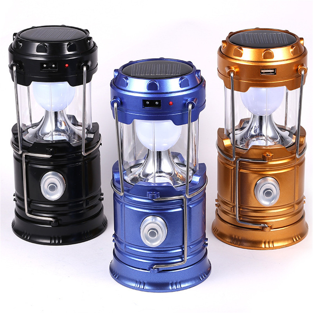 Solar-powered USB rechargeable camping lantern with flashlight function