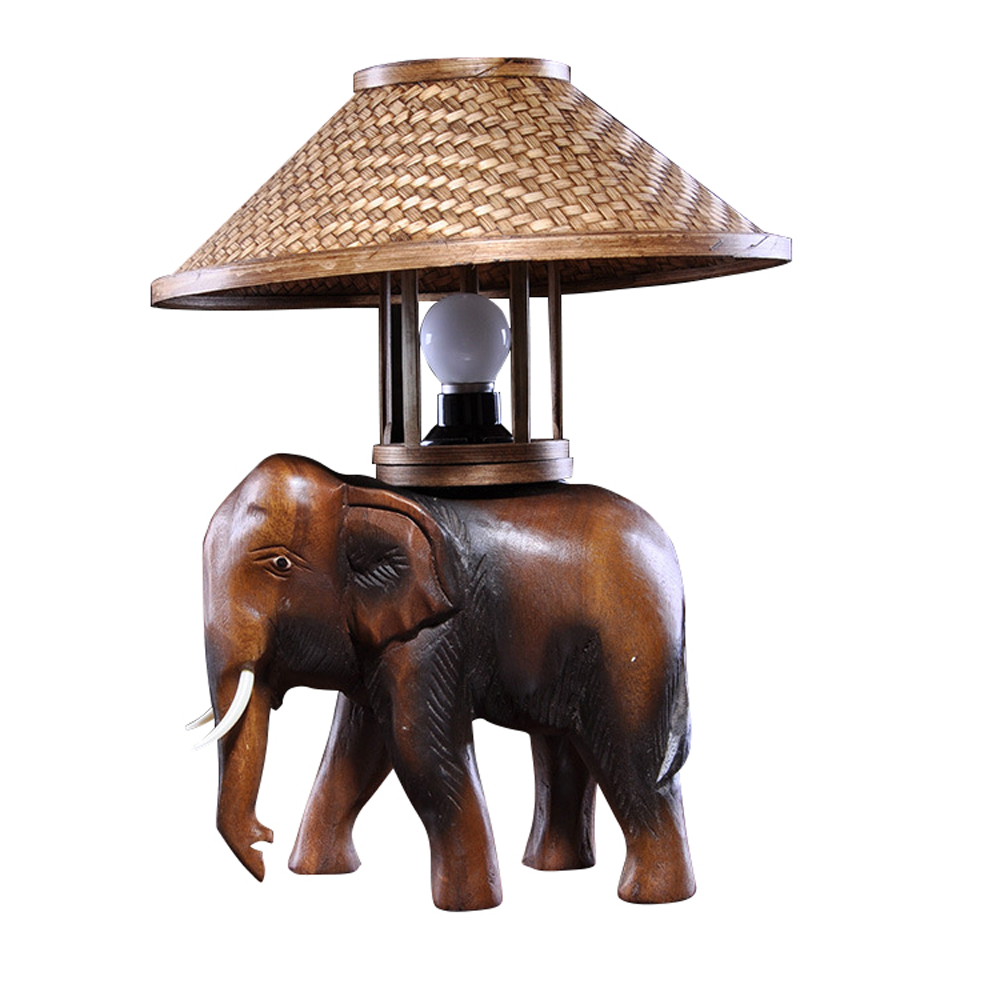 Solid Wood Elephant Table Lamp for Creative Home Decor in Living Room or Bedroom, Bamboo Carved Small Animal Night Light Handicraft