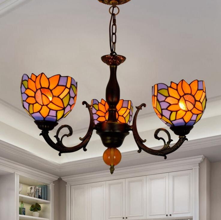 Stained Glass Chandelier with Floral Design in European Retro Style for Living Room, Bedroom, or Kitchen, Customizable Fairy Light
