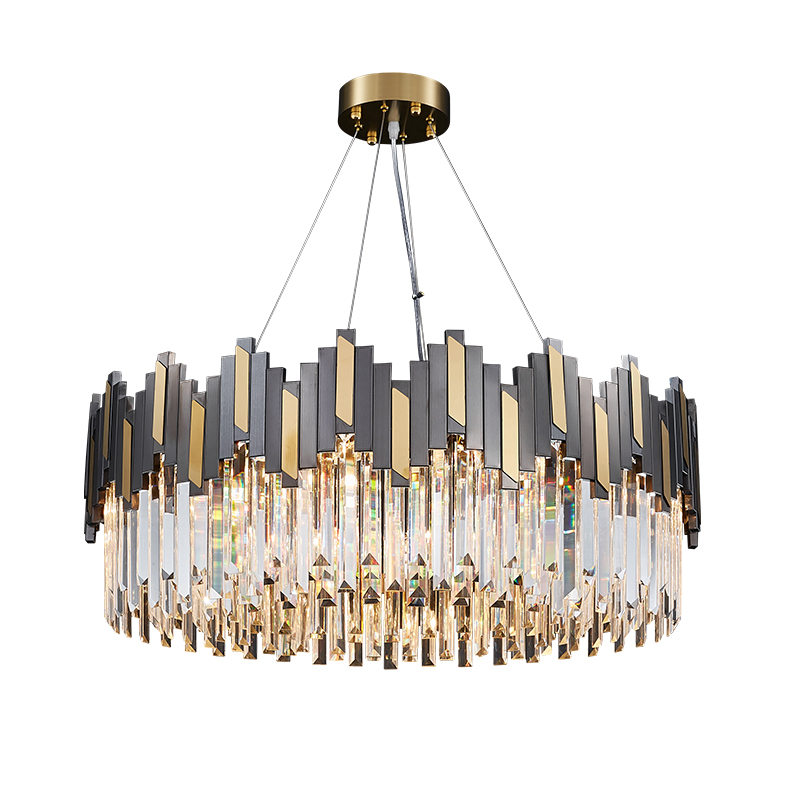Stainless steel pendant lights featuring crystal accents, a contemporary and luxurious round chandelier ideal for hotel lobbies, villas, and artistic decor
