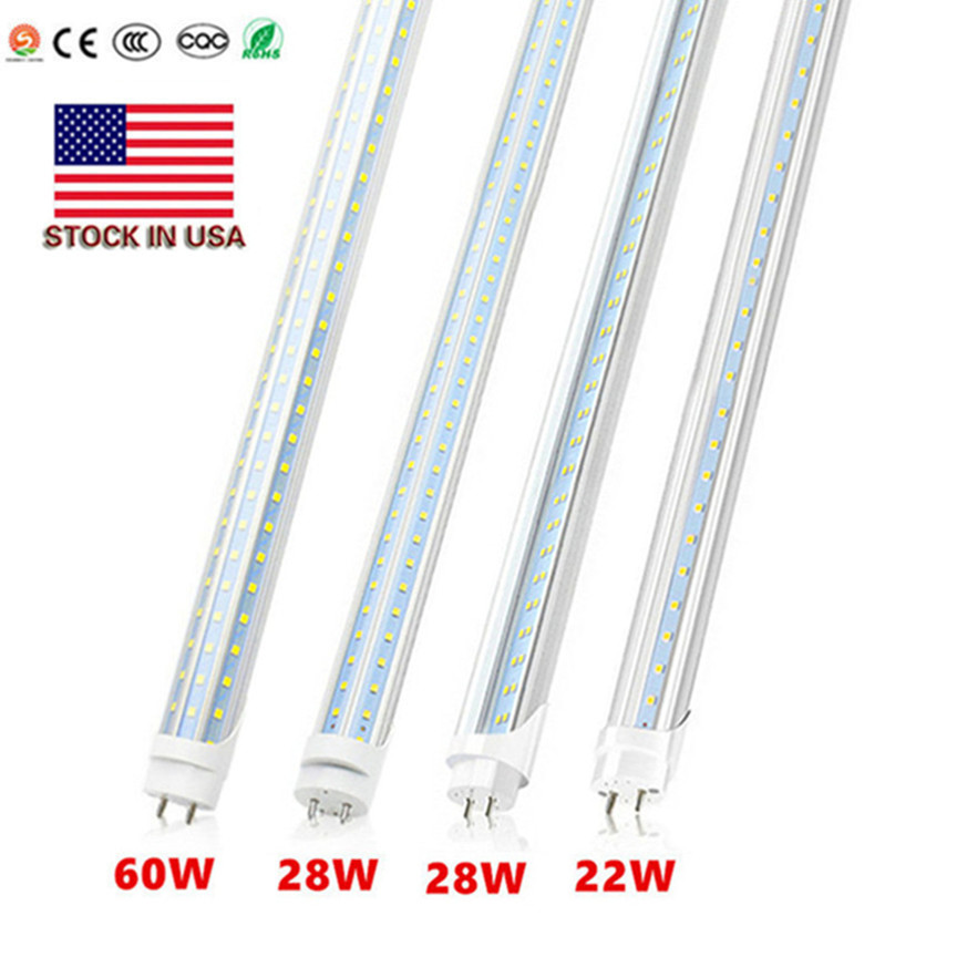Stock available in the US for 4ft LED T8 tubes with 18W, 22W, 28W, 60W, and 80W options, featuring double rows to replace standard tubes, operating at AC 85-265V