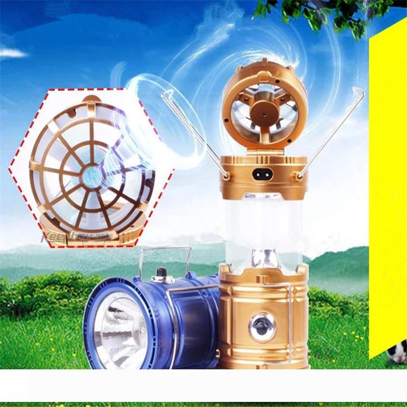 Summer LED Solar Power Outdoor Camping Lamp with Fan Hanging Portable Tent Telescoping Emergency Light Hand Lantern