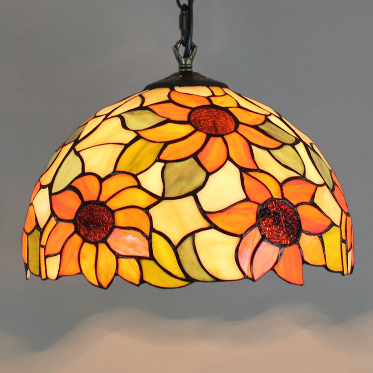 Sunflower-patterned stained glass chandelier in European retro style for kids' rooms, living spaces, or kitchens with customizable fairy lights