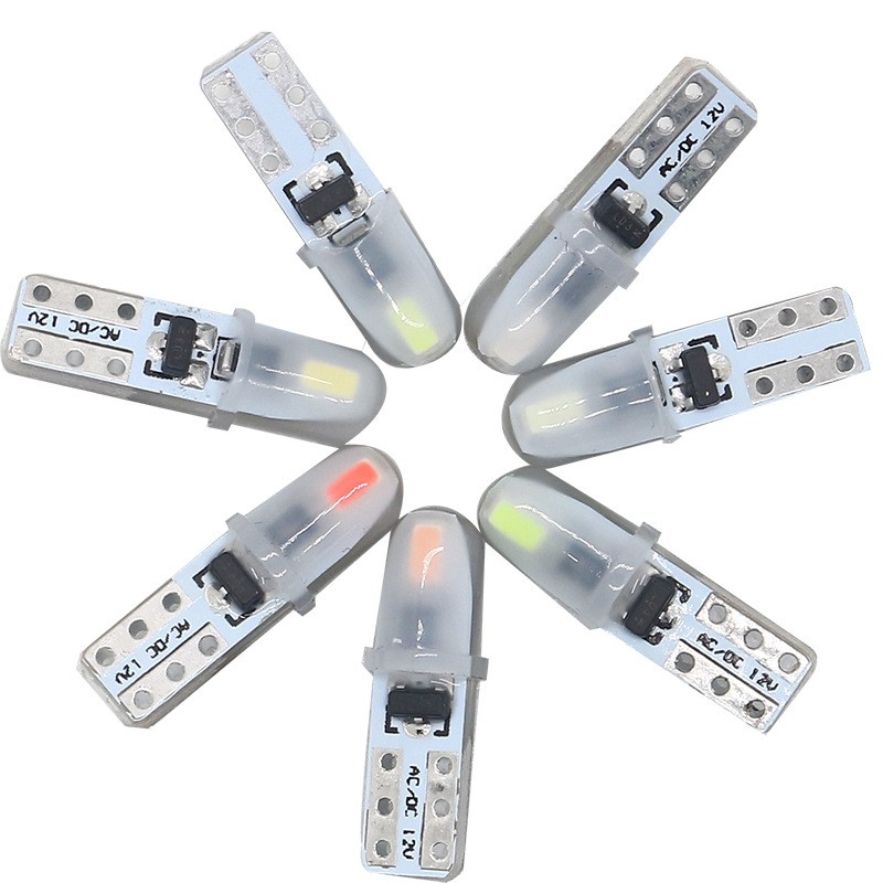T5 12V LED instrument light with 5-color options (Red, Yellow, Blue, Green, White) for car dashboards, featuring waterproof PC housing
