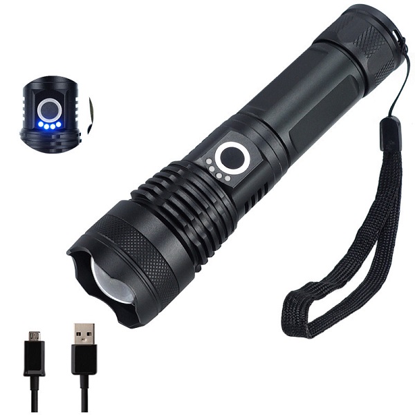 The P50 flashlight boasts powerful illumination, USB charging capability, zoom functionality, and extended battery life as a searchlight