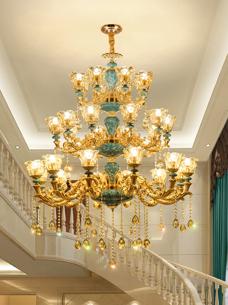 Three-story gold crystal chandelier for living rooms, duplexes, hotels, clubs, and stair halls