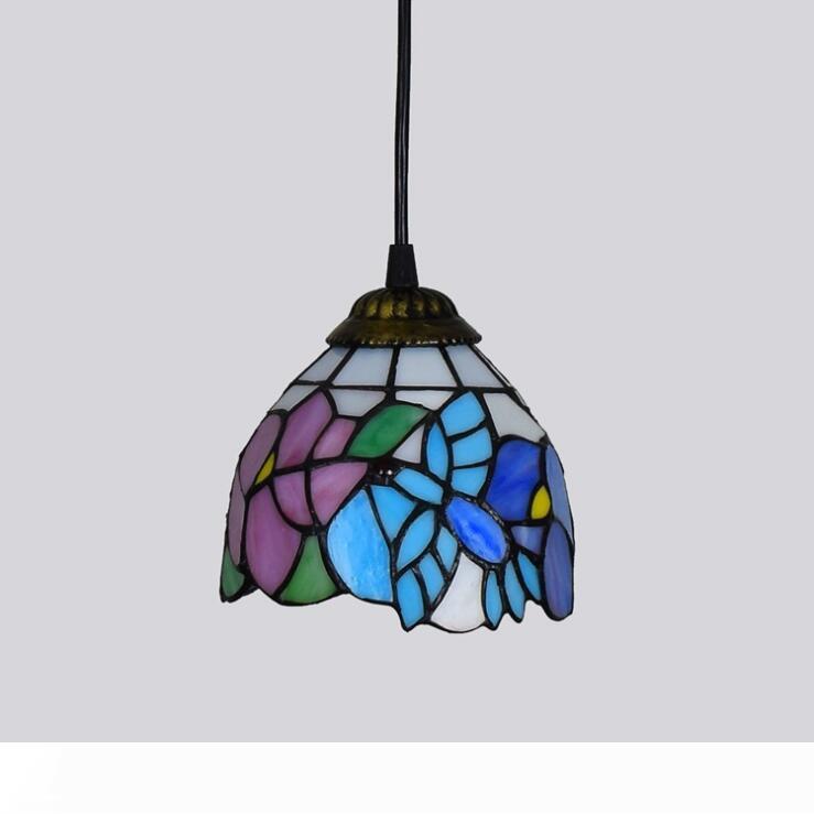 Tiffany-style ceiling pendant light with blue butterfly stained glass shade, ideal for cafes, stores, staircases, and balconies