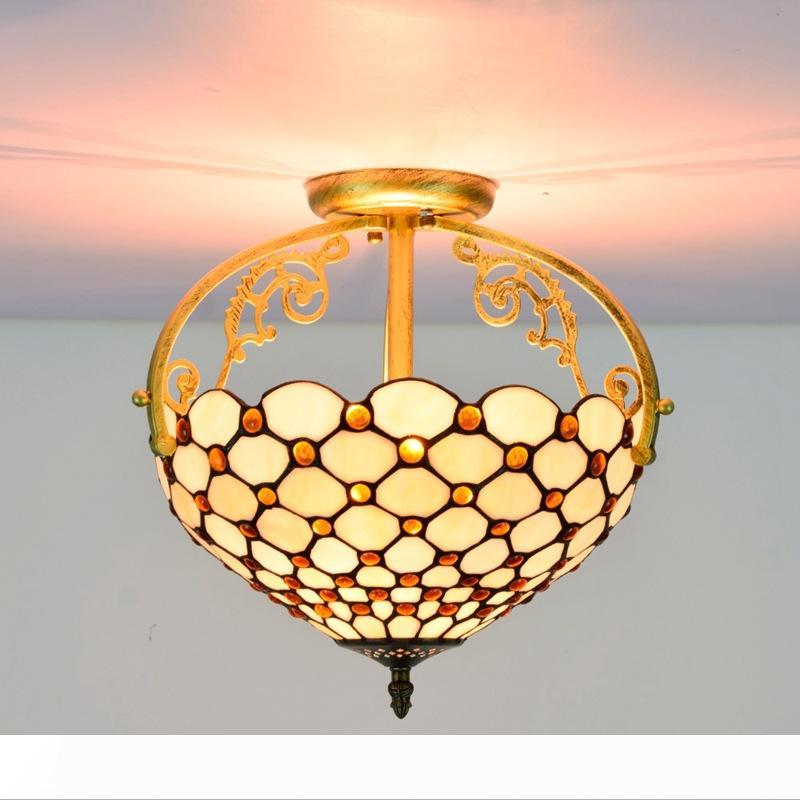 Tiffany-style E27 stained glass ceiling lamp with minimalist white design for hotel halls, 220V AC