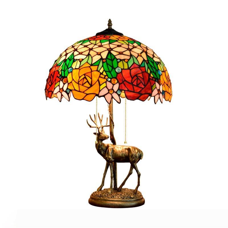 Tiffany-style floral bedside lamp with European resin elk sculpture base for study or bedroom