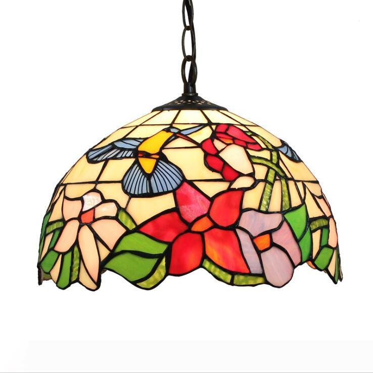 Tiffany-style multicolor floral and butterfly stained glass pendant lamp, handcrafted home decor lighting fixture